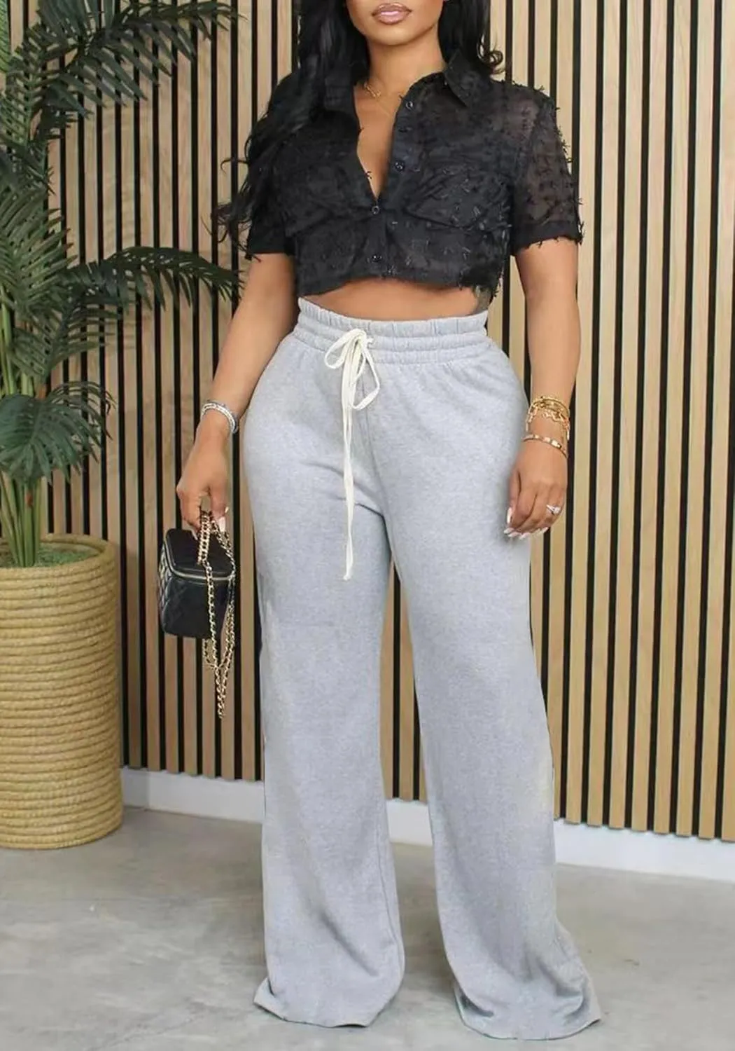 DINGANG High Waisted Casual Sweatpants Women Loose Wide Leg Elastic Waist Drawstring Cargo Striped Sweat Pants