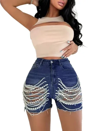 DINGANG Women's Sexy Ripped Denim Shorts with Pearls Chain High Waisted Bodycon Stretchy Frayed Jean Shorts