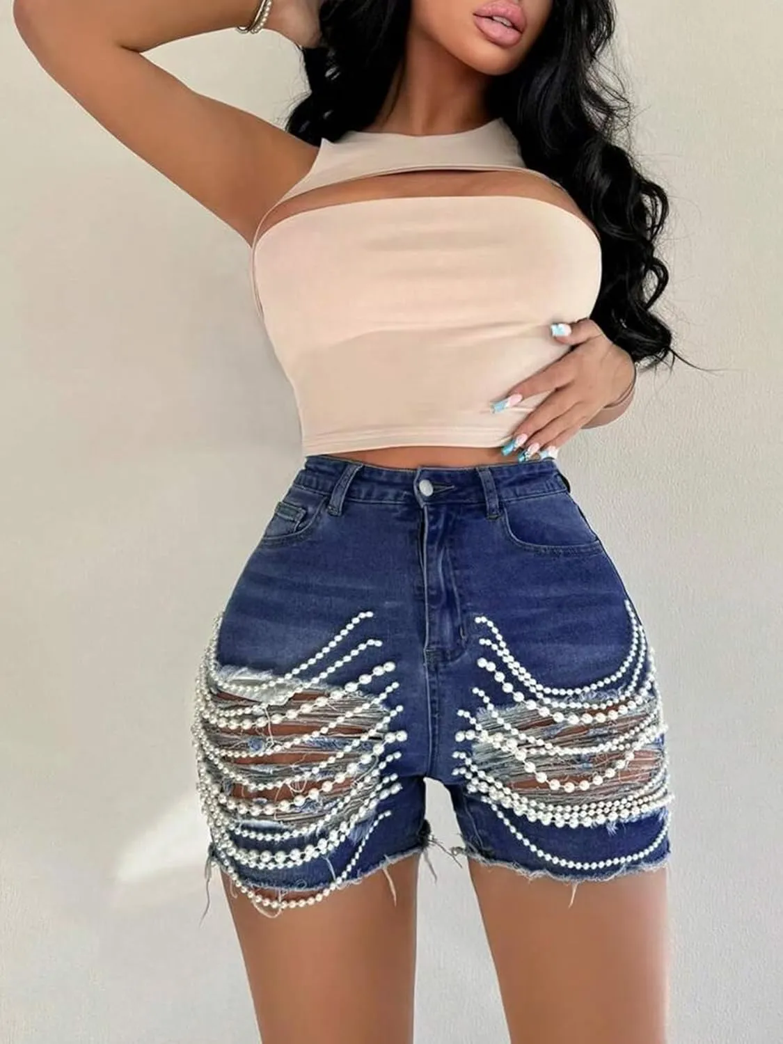 DINGANG Women's Sexy Ripped Denim Shorts with Pearls Chain High Waisted Bodycon Stretchy Frayed Jean Shorts