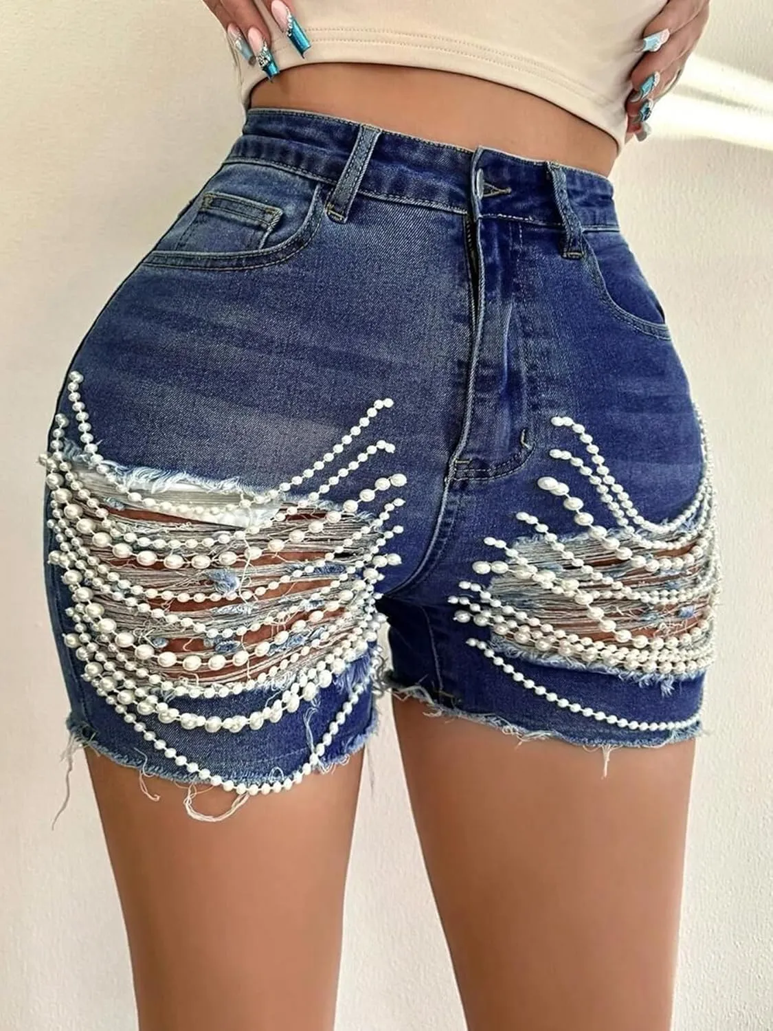DINGANG Women's Sexy Ripped Denim Shorts with Pearls Chain High Waisted Bodycon Stretchy Frayed Jean Shorts