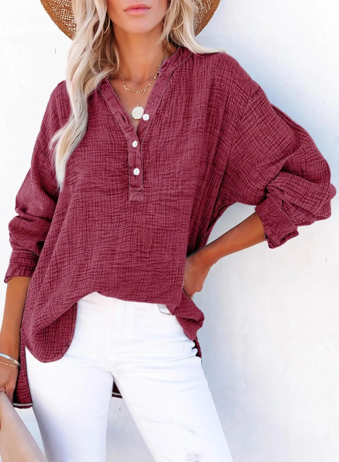 Dokotoo Womens Casual Button V Neck Long Sleeve Shirts Oversized Solid Blouses Tops