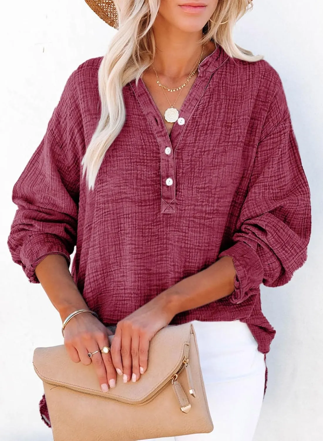 Dokotoo Womens Casual Button V Neck Long Sleeve Shirts Oversized Solid Blouses Tops