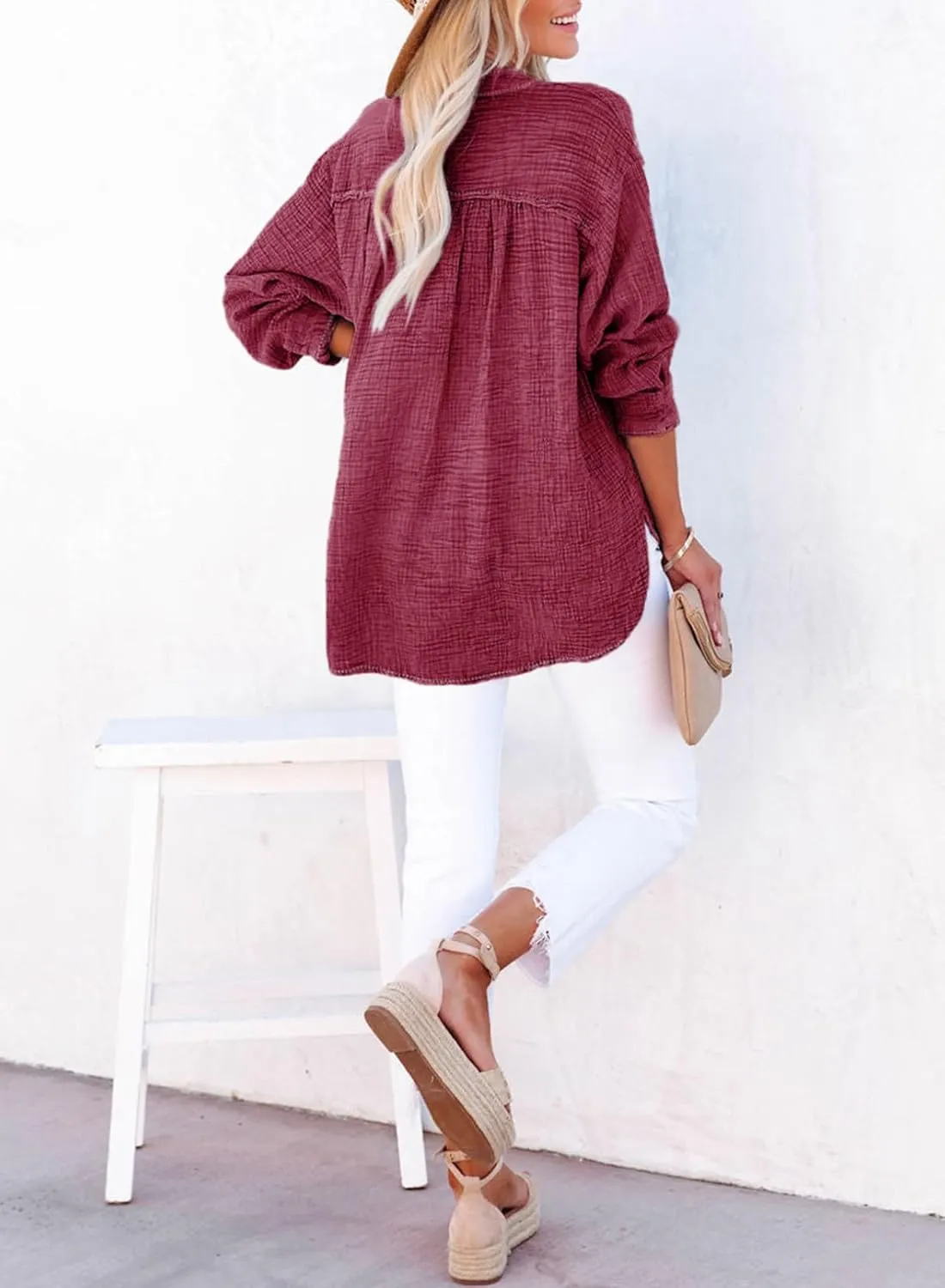Dokotoo Womens Casual Button V Neck Long Sleeve Shirts Oversized Solid Blouses Tops