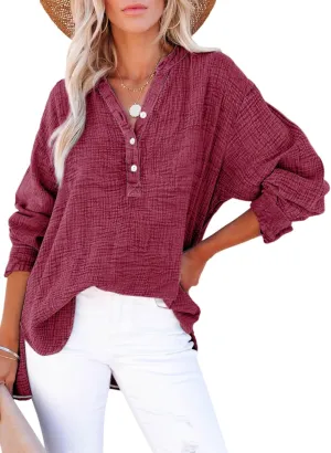 Dokotoo Womens Casual Button V Neck Long Sleeve Shirts Oversized Solid Blouses Tops