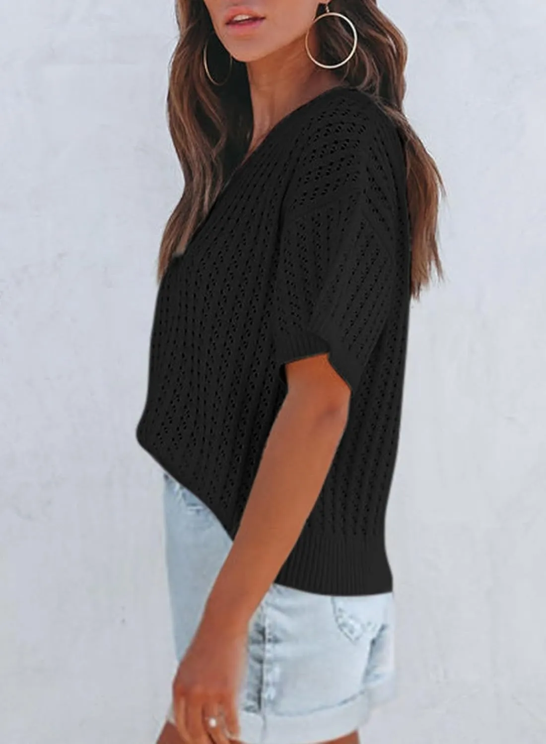 Dokotoo Womens Casual Summer Tops V Neck Short Sleeve Shirts Solid Hollow Out Lightweight Loose Fit Sweater Blouses
