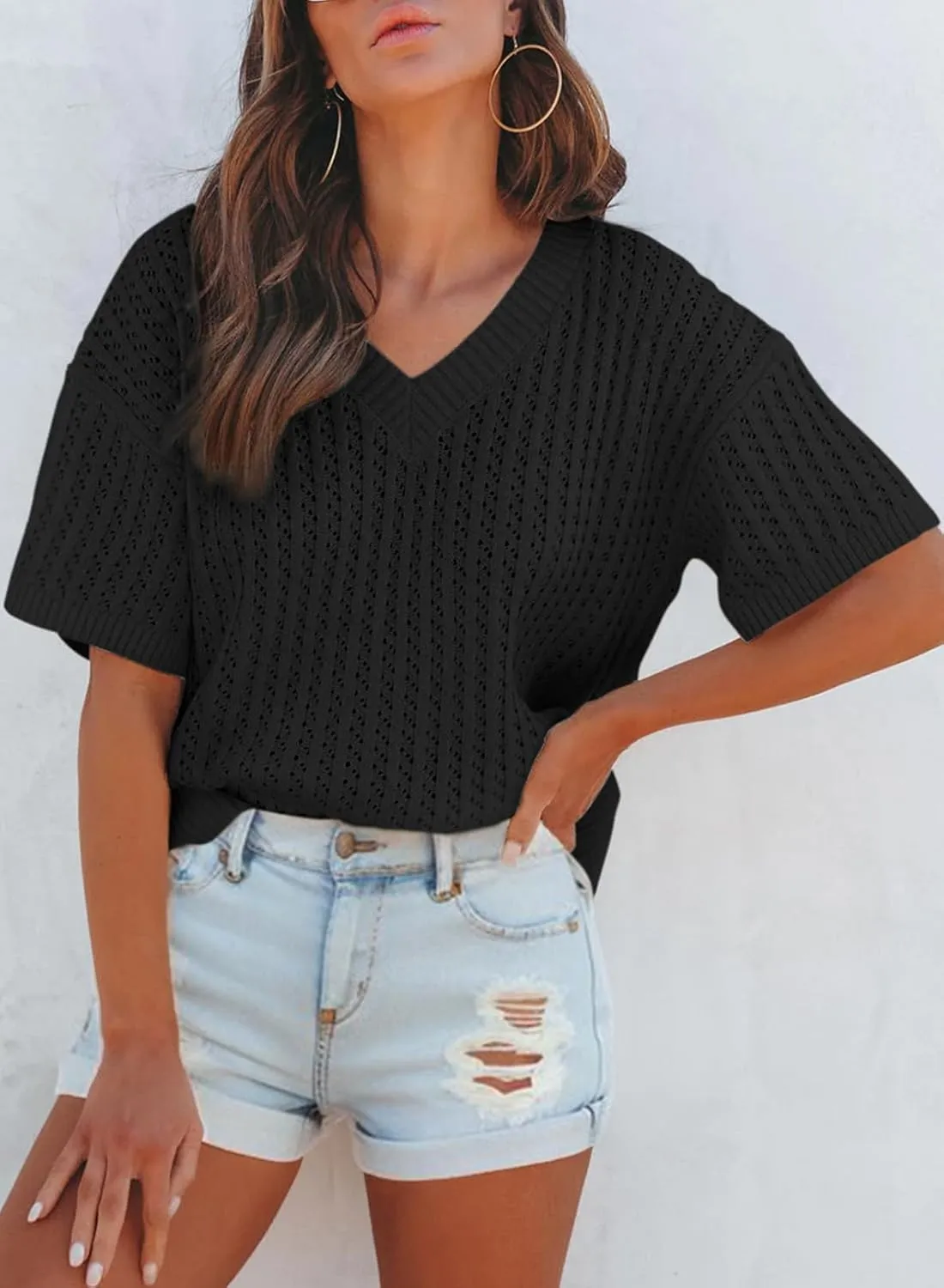 Dokotoo Womens Casual Summer Tops V Neck Short Sleeve Shirts Solid Hollow Out Lightweight Loose Fit Sweater Blouses