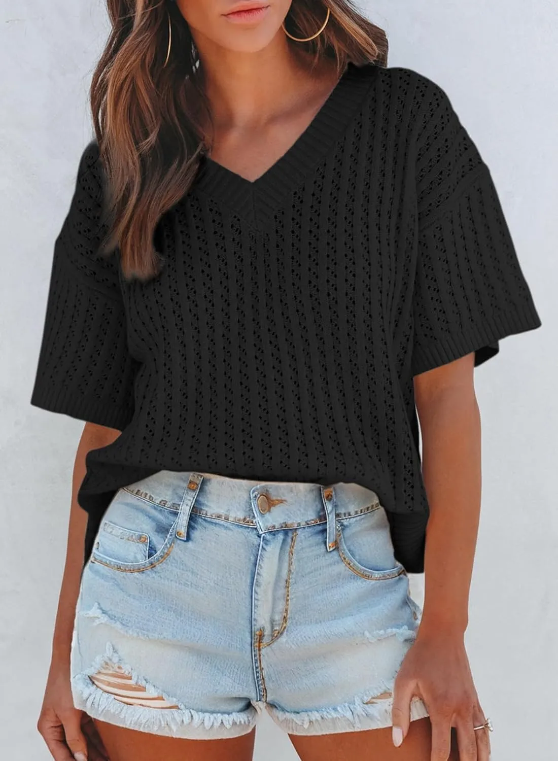 Dokotoo Womens Casual Summer Tops V Neck Short Sleeve Shirts Solid Hollow Out Lightweight Loose Fit Sweater Blouses