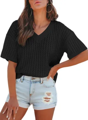 Dokotoo Womens Casual Summer Tops V Neck Short Sleeve Shirts Solid Hollow Out Lightweight Loose Fit Sweater Blouses