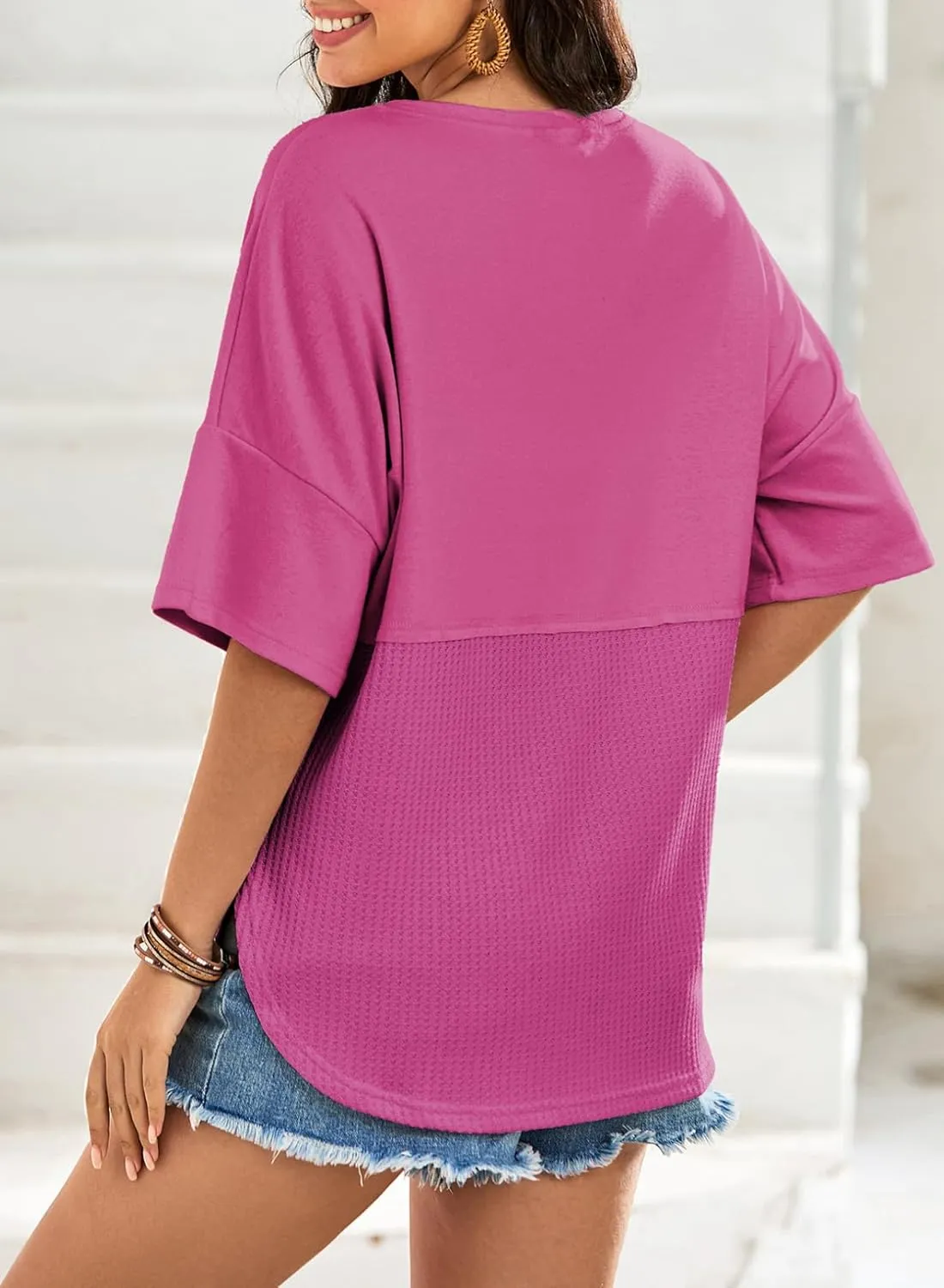 Dokotoo Womens Waffle Knit Tops 2025 Fashion 3/4 Sleeve Casual Button Down Shirts Crew Neck Oversized Patchwork Blouses