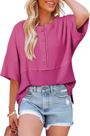 Dokotoo Womens Waffle Knit Tops 2025 Fashion 3/4 Sleeve Casual Button Down Shirts Crew Neck Oversized Patchwork Blouses