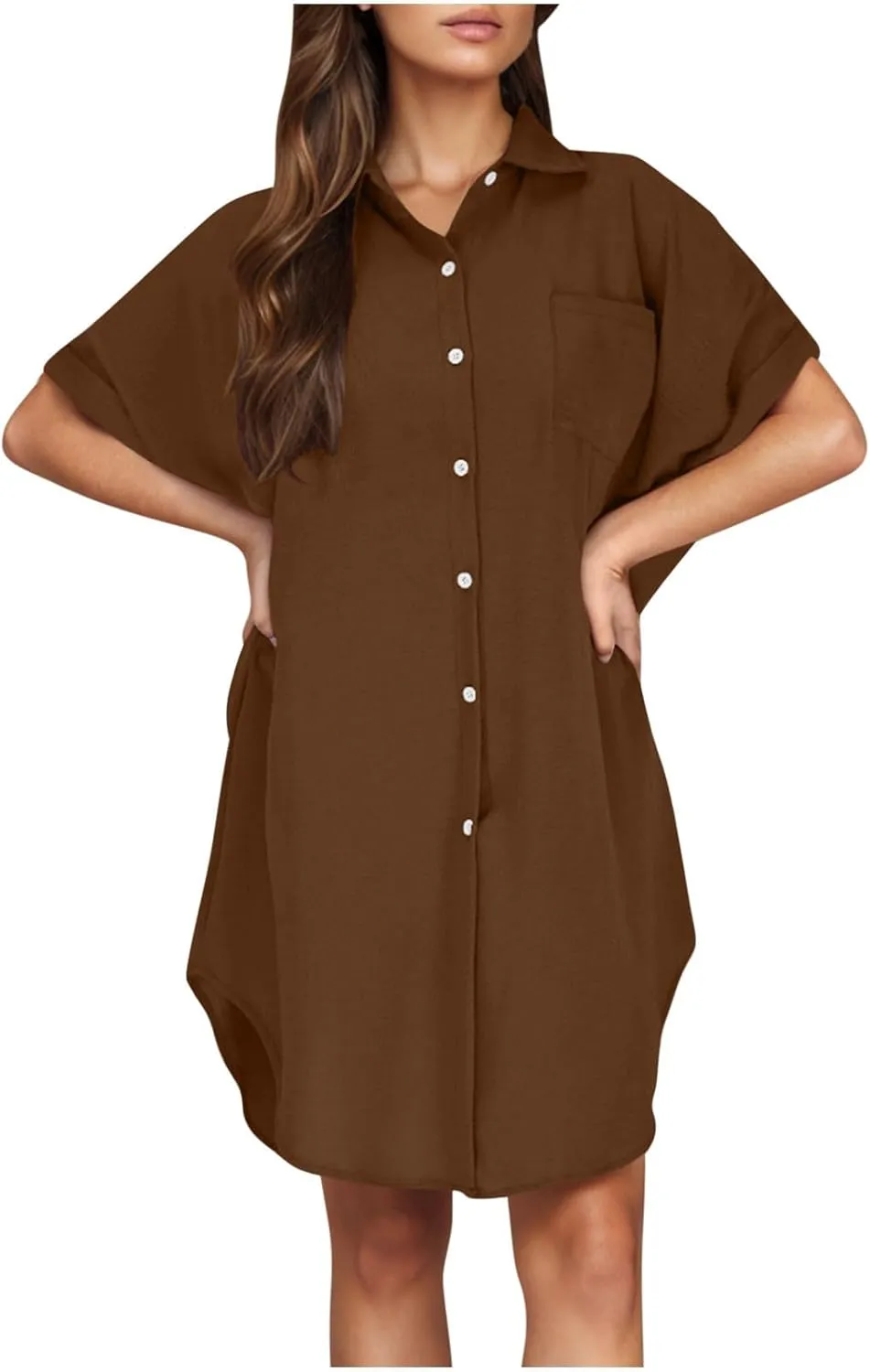 Dresses for Women Button Down Shirt Dress Cotton Linen Short Sleeve Knee Length Midi Dress Summer Casual Going Out