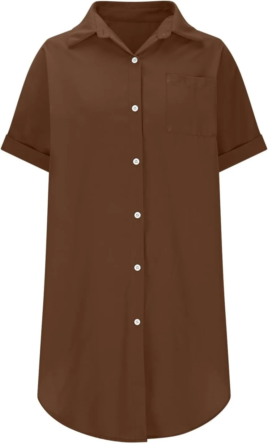 Dresses for Women Button Down Shirt Dress Cotton Linen Short Sleeve Knee Length Midi Dress Summer Casual Going Out