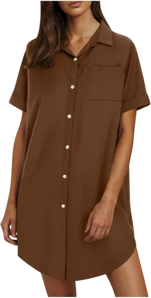 Dresses for Women Button Down Shirt Dress Cotton Linen Short Sleeve Knee Length Midi Dress Summer Casual Going Out