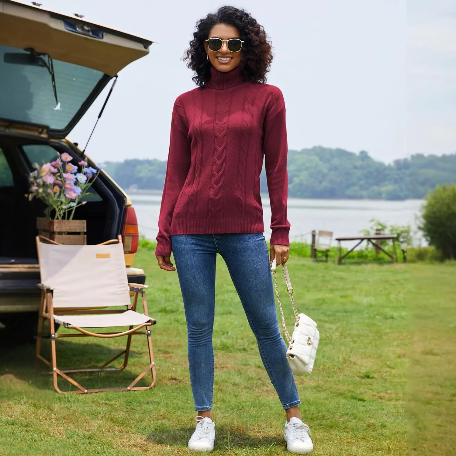 EANUER Women's Long Sleeve Turtleneck Cable Knit Pullover Lightweight Ribbed Sweaters