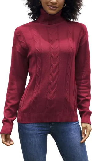 EANUER Women's Long Sleeve Turtleneck Cable Knit Pullover Lightweight Ribbed Sweaters
