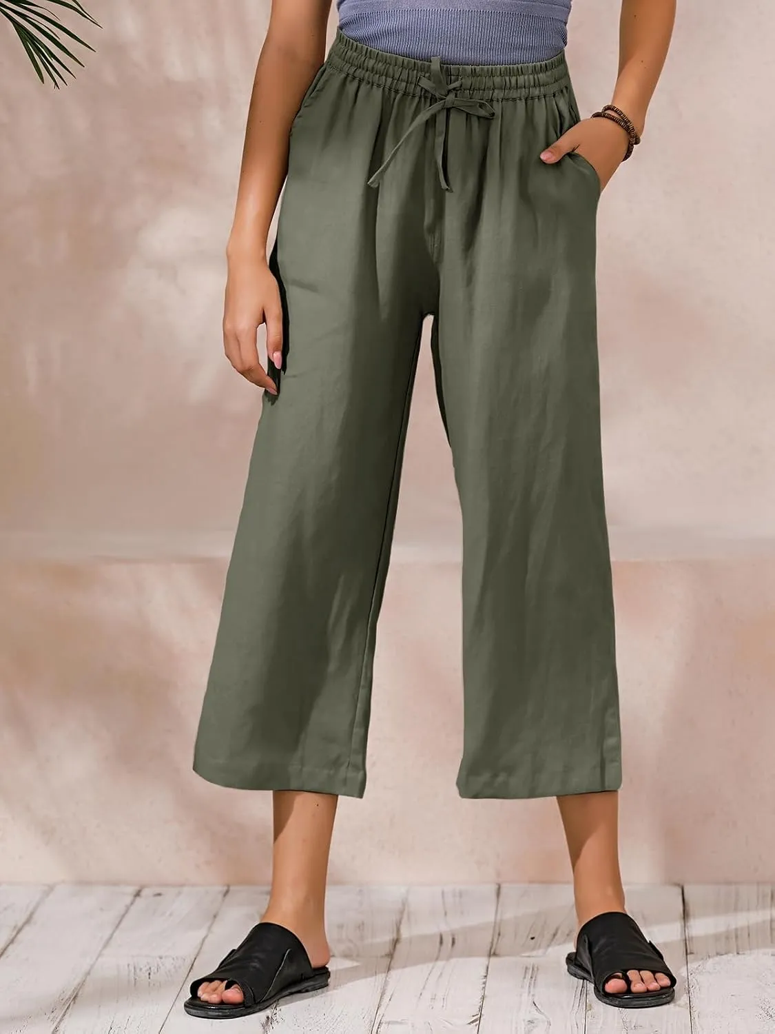ECUPPER Womens Linen Cropped Pants Loose Casual Capri Cotton Wide Leg Plus Size Elastic Waist with Drawstring Trouses