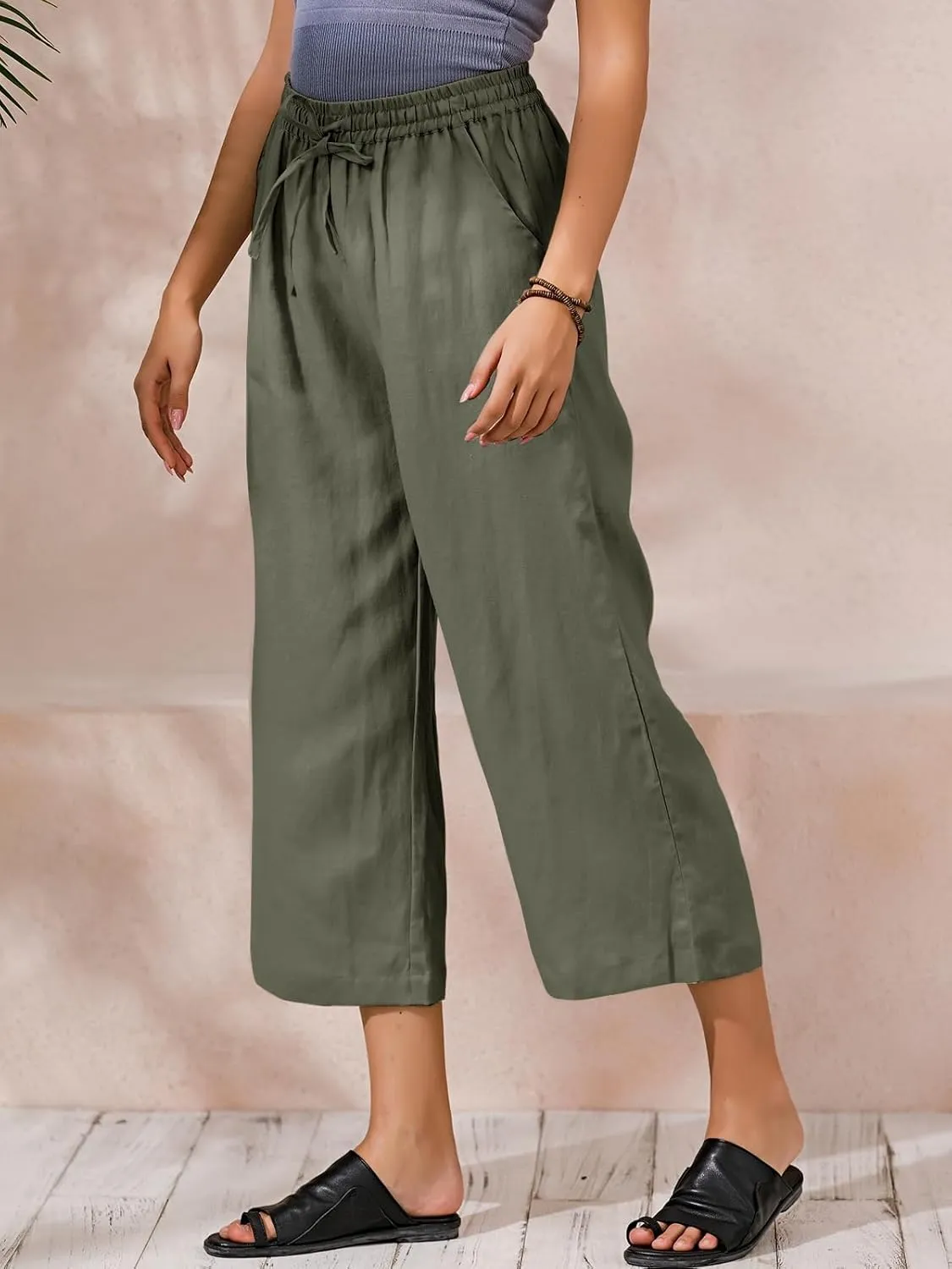 ECUPPER Womens Linen Cropped Pants Loose Casual Capri Cotton Wide Leg Plus Size Elastic Waist with Drawstring Trouses