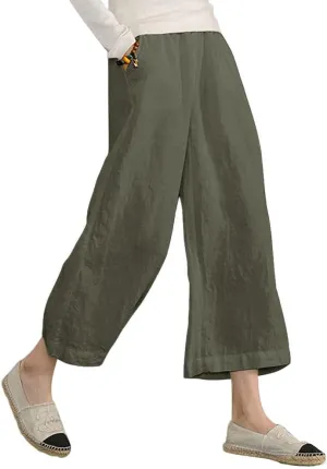 ECUPPER Womens Linen Cropped Pants Loose Casual Capri Cotton Wide Leg Plus Size Elastic Waist with Drawstring Trouses