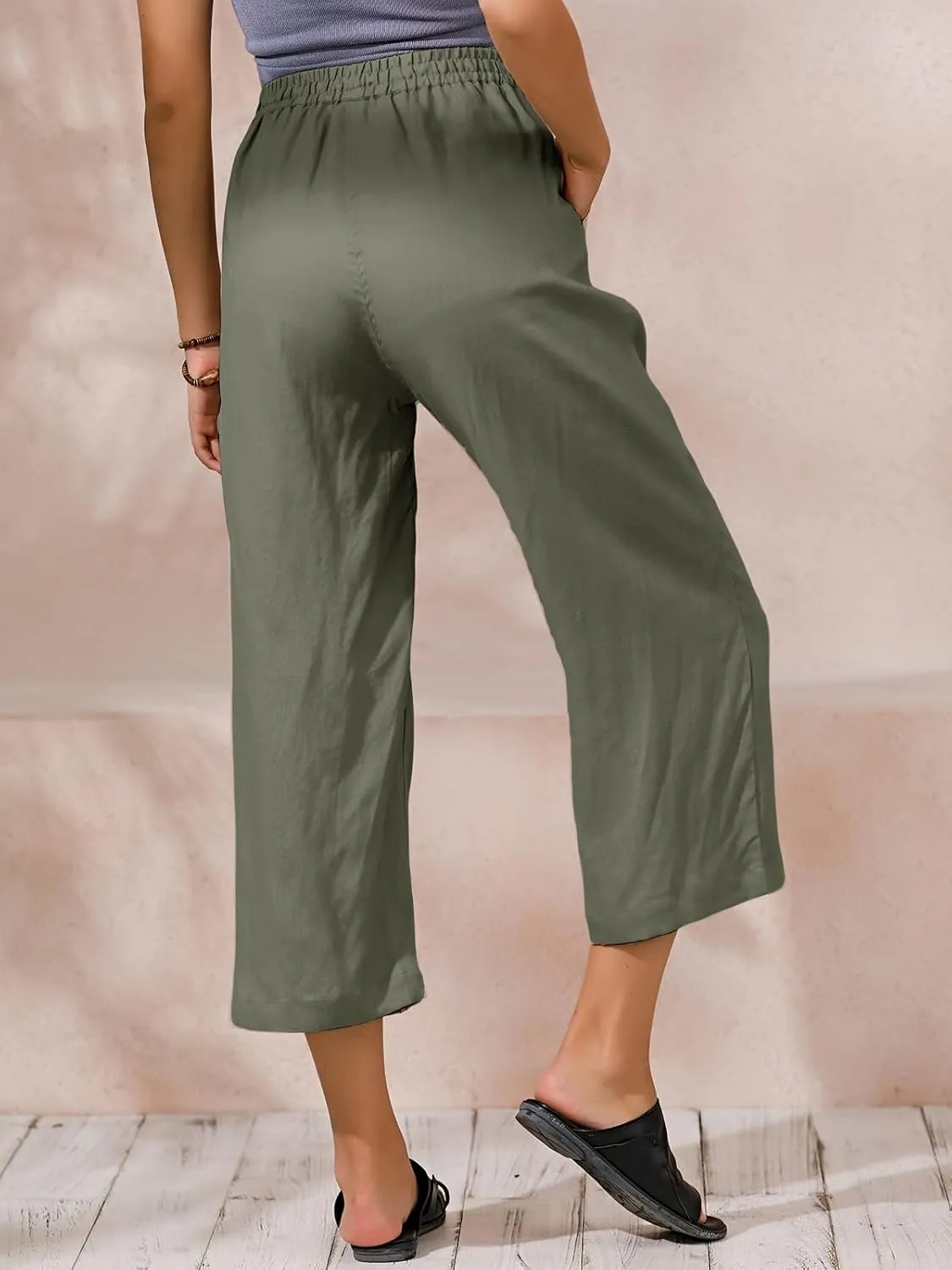 ECUPPER Womens Linen Cropped Pants Loose Casual Capri Cotton Wide Leg Plus Size Elastic Waist with Drawstring Trouses
