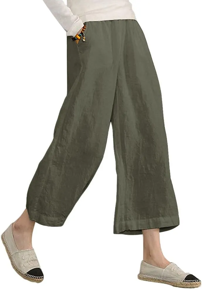 ECUPPER Womens Linen Cropped Pants Loose Casual Capri Cotton Wide Leg Plus Size Elastic Waist with Drawstring Trouses