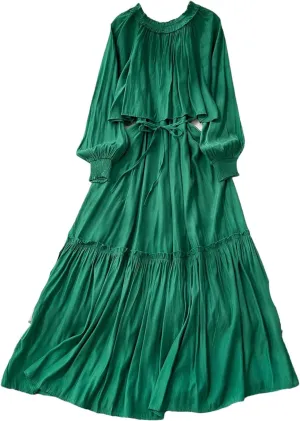 Elegant Asymmetrical Ruffle Vintage O-Neck Long Sleeve Spliced Lace-Up Dresses French Evening
