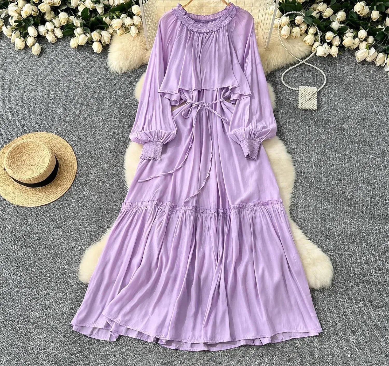 Elegant Asymmetrical Ruffle Vintage O-Neck Long Sleeve Spliced Lace-Up Dresses French Evening