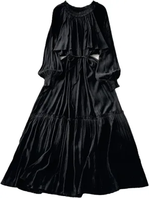 Elegant Asymmetrical Ruffle Vintage O-Neck Long Sleeve Spliced Lace-Up Dresses French Evening