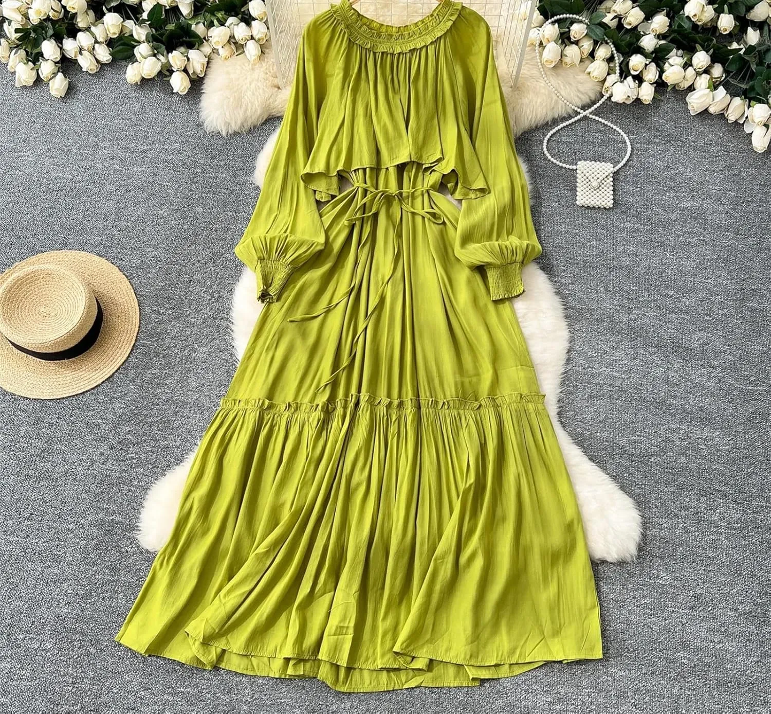 Elegant Asymmetrical Ruffle Vintage O-Neck Long Sleeve Spliced Lace-Up Dresses French Evening