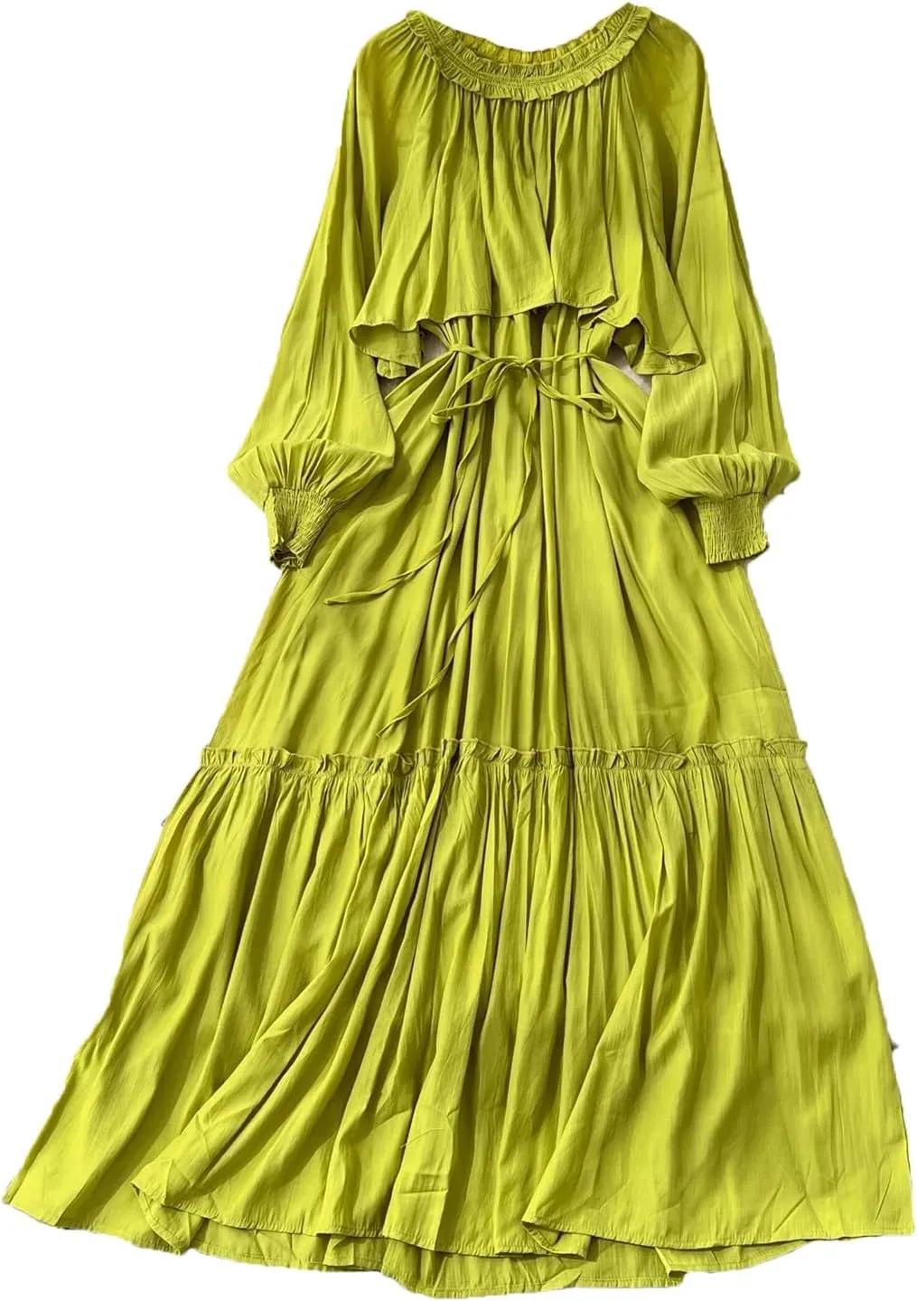 Elegant Asymmetrical Ruffle Vintage O-Neck Long Sleeve Spliced Lace-Up Dresses French Evening