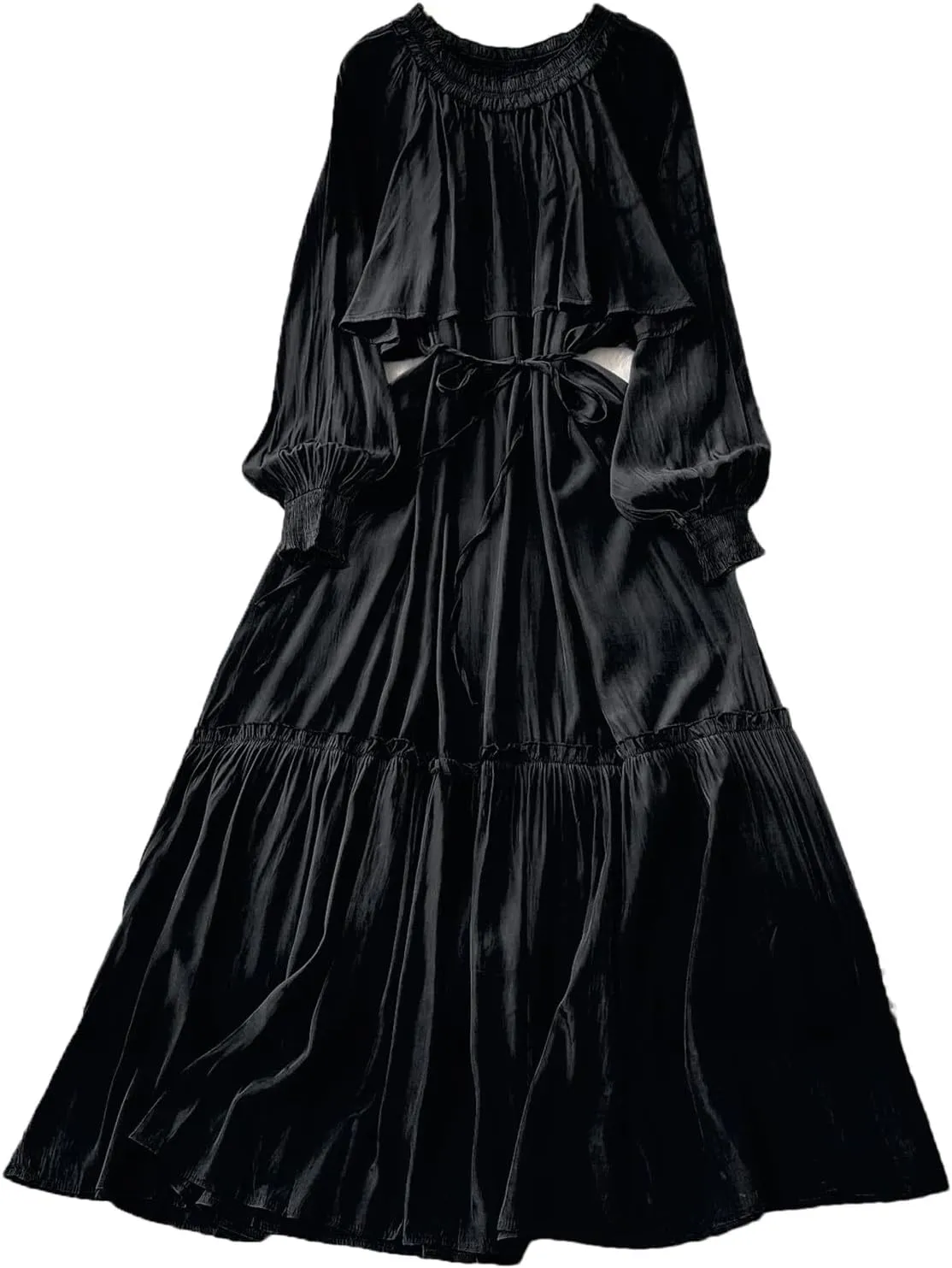 Elegant Asymmetrical Ruffle Vintage O-Neck Long Sleeve Spliced Lace-Up Dresses French Evening