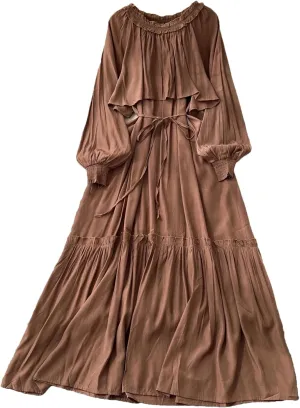 Elegant Asymmetrical Ruffle Vintage O-Neck Long Sleeve Spliced Lace-Up Dresses French Evening