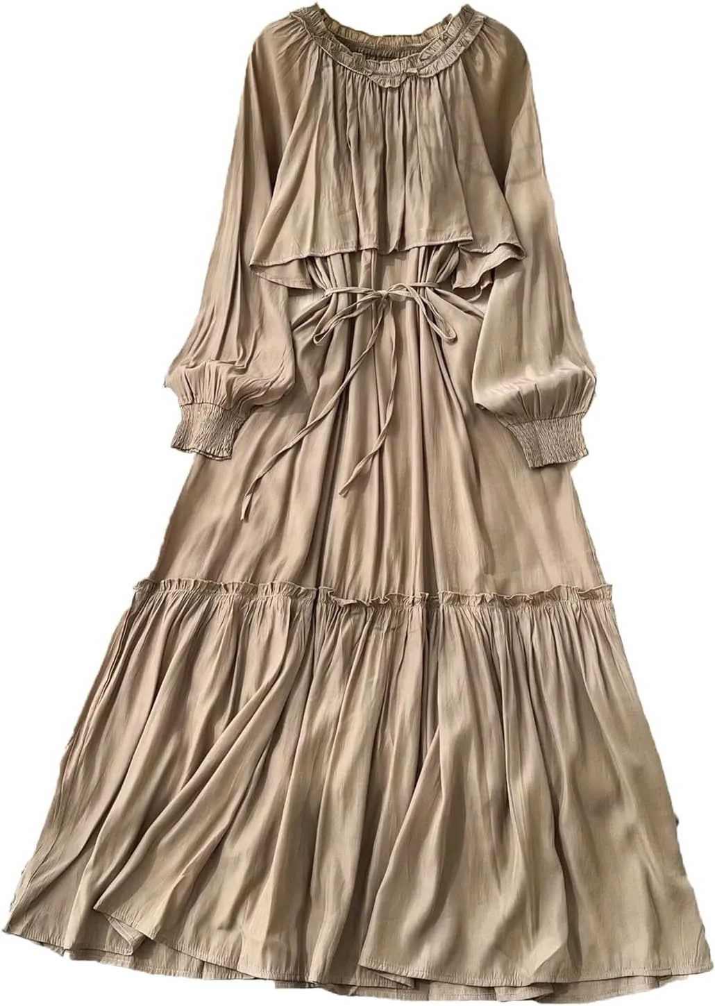 Elegant Asymmetrical Ruffle Vintage O-Neck Long Sleeve Spliced Lace-Up Dresses French Evening