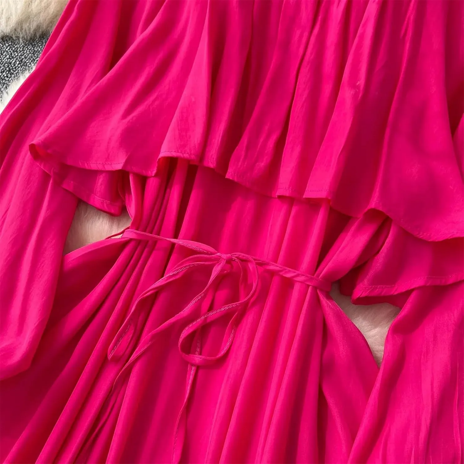 Elegant Asymmetrical Ruffle Vintage O-Neck Long Sleeve Spliced Lace-Up Dresses French Evening
