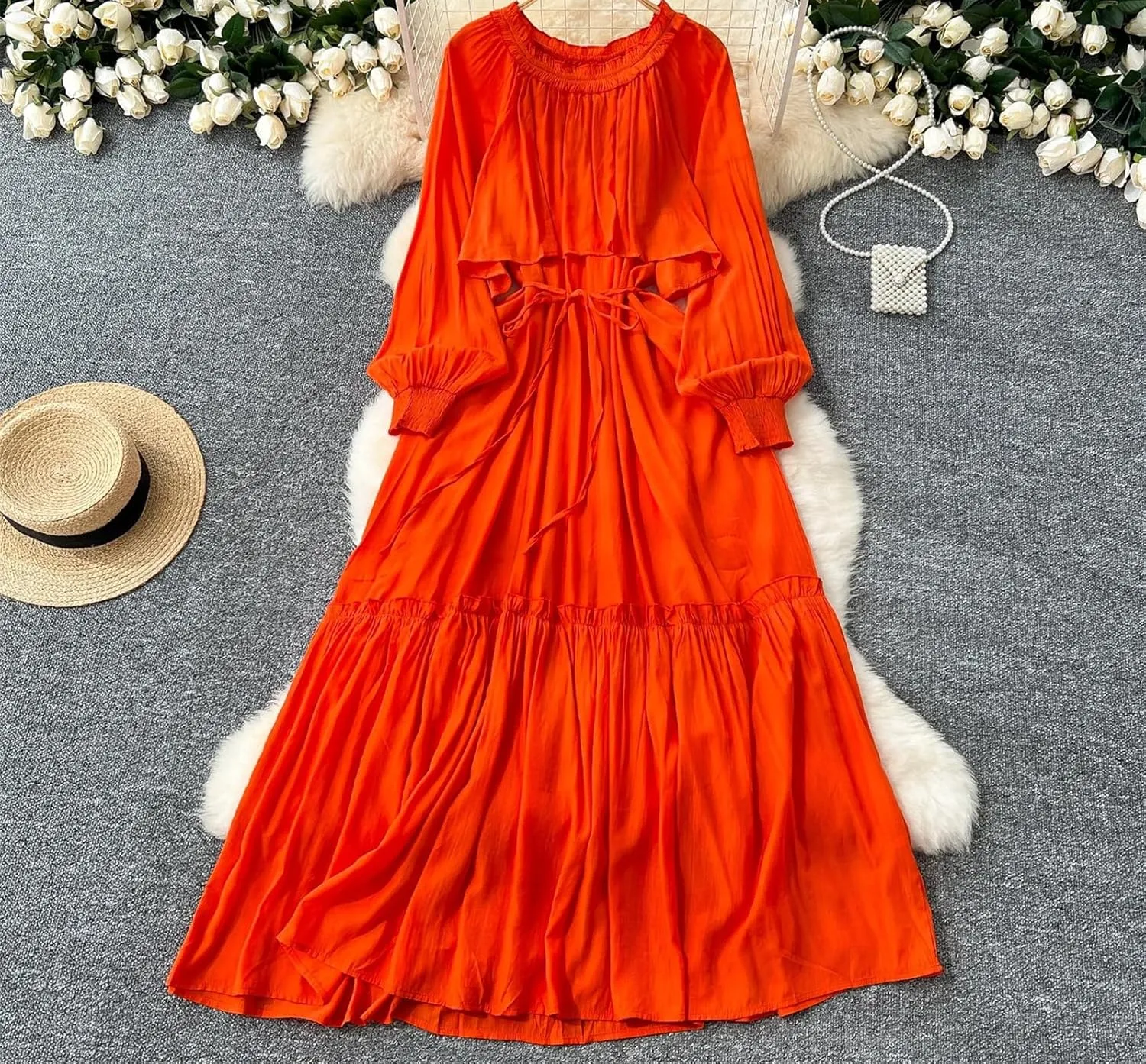Elegant Asymmetrical Ruffle Vintage O-Neck Long Sleeve Spliced Lace-Up Dresses French Evening