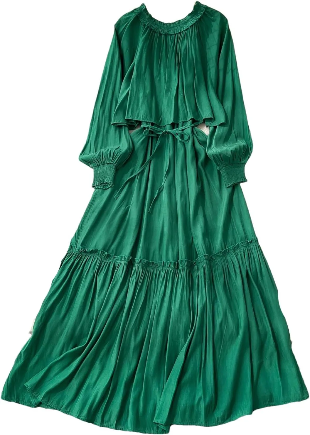 Elegant Asymmetrical Ruffle Vintage O-Neck Long Sleeve Spliced Lace-Up Dresses French Evening