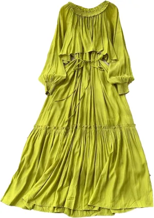 Elegant Asymmetrical Ruffle Vintage O-Neck Long Sleeve Spliced Lace-Up Dresses French Evening