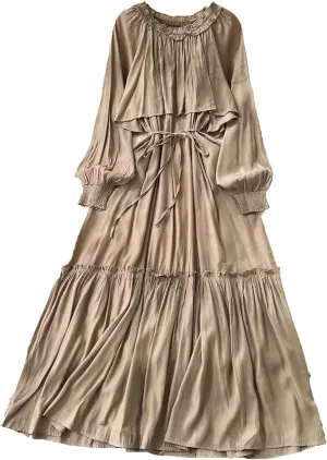 Elegant Asymmetrical Ruffle Vintage O-Neck Long Sleeve Spliced Lace-Up Dresses French Evening