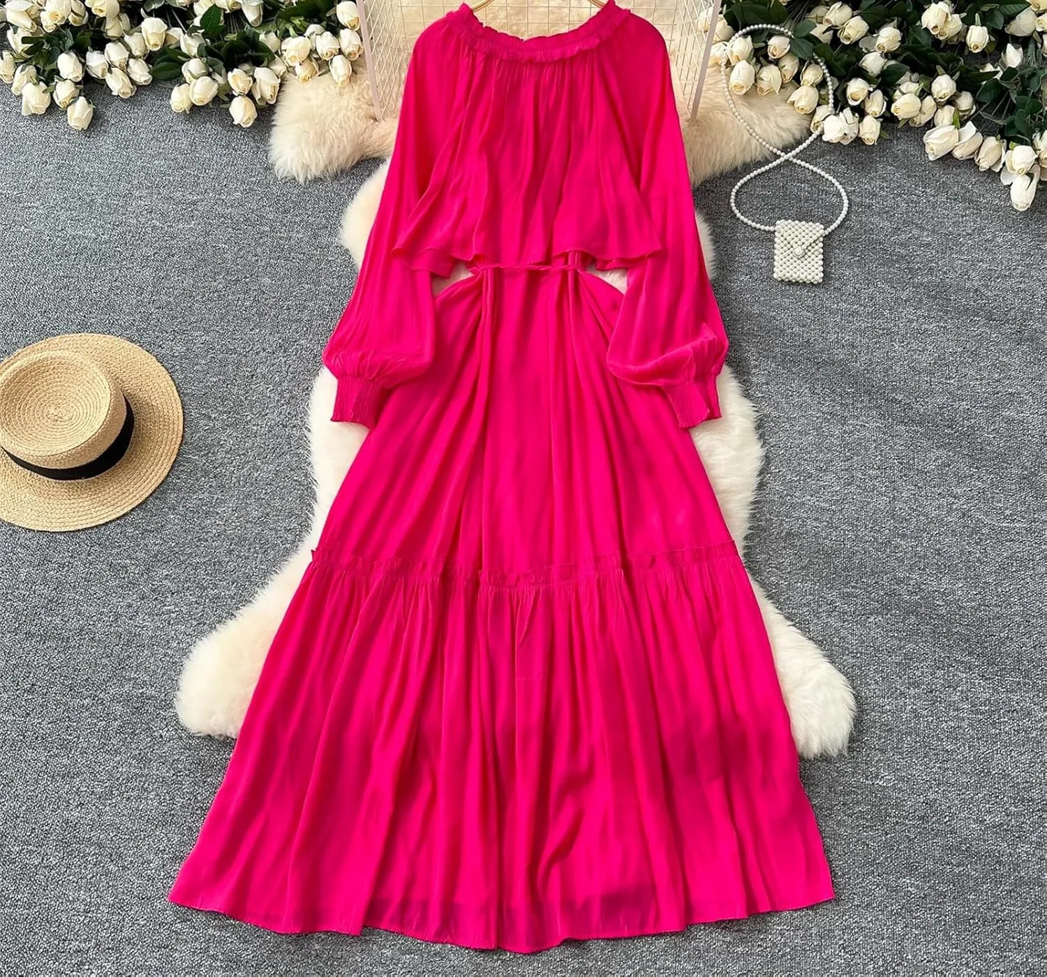 Elegant Asymmetrical Ruffle Vintage O-Neck Long Sleeve Spliced Lace-Up Dresses French Evening
