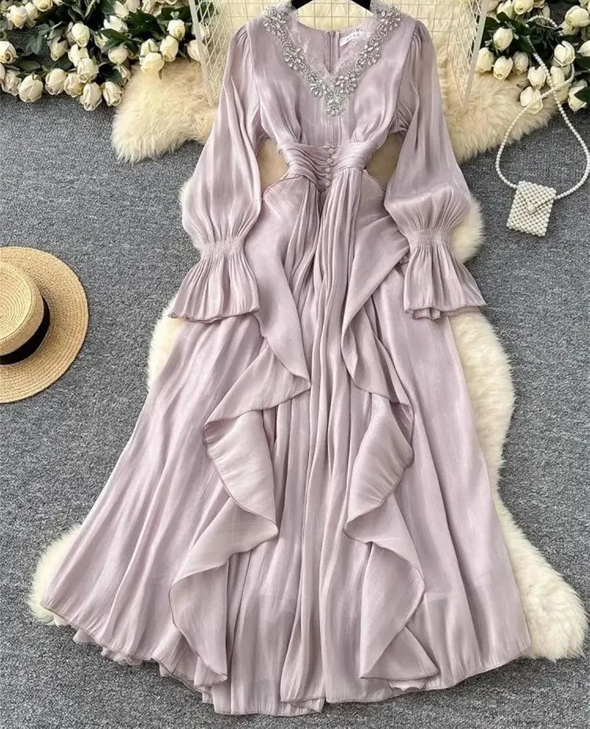 Elegant Beading V Neck Evening Party Dress Women's Long Sleeve High Waist Ruffles Pleated Prom Dress