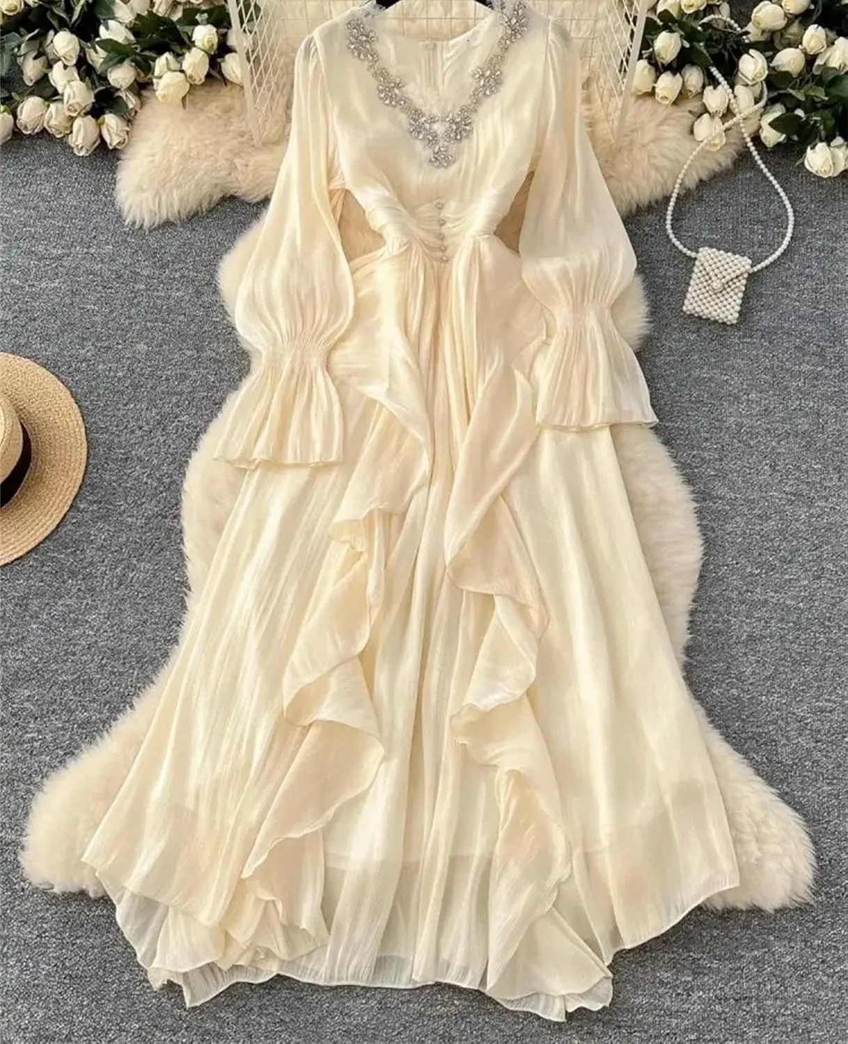 Elegant Beading V Neck Evening Party Dress Women's Long Sleeve High Waist Ruffles Pleated Prom Dress