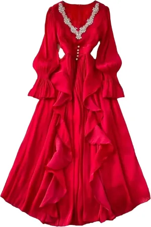 Elegant Beading V Neck Evening Party Dress Women's Long Sleeve High Waist Ruffles Pleated Prom Dress