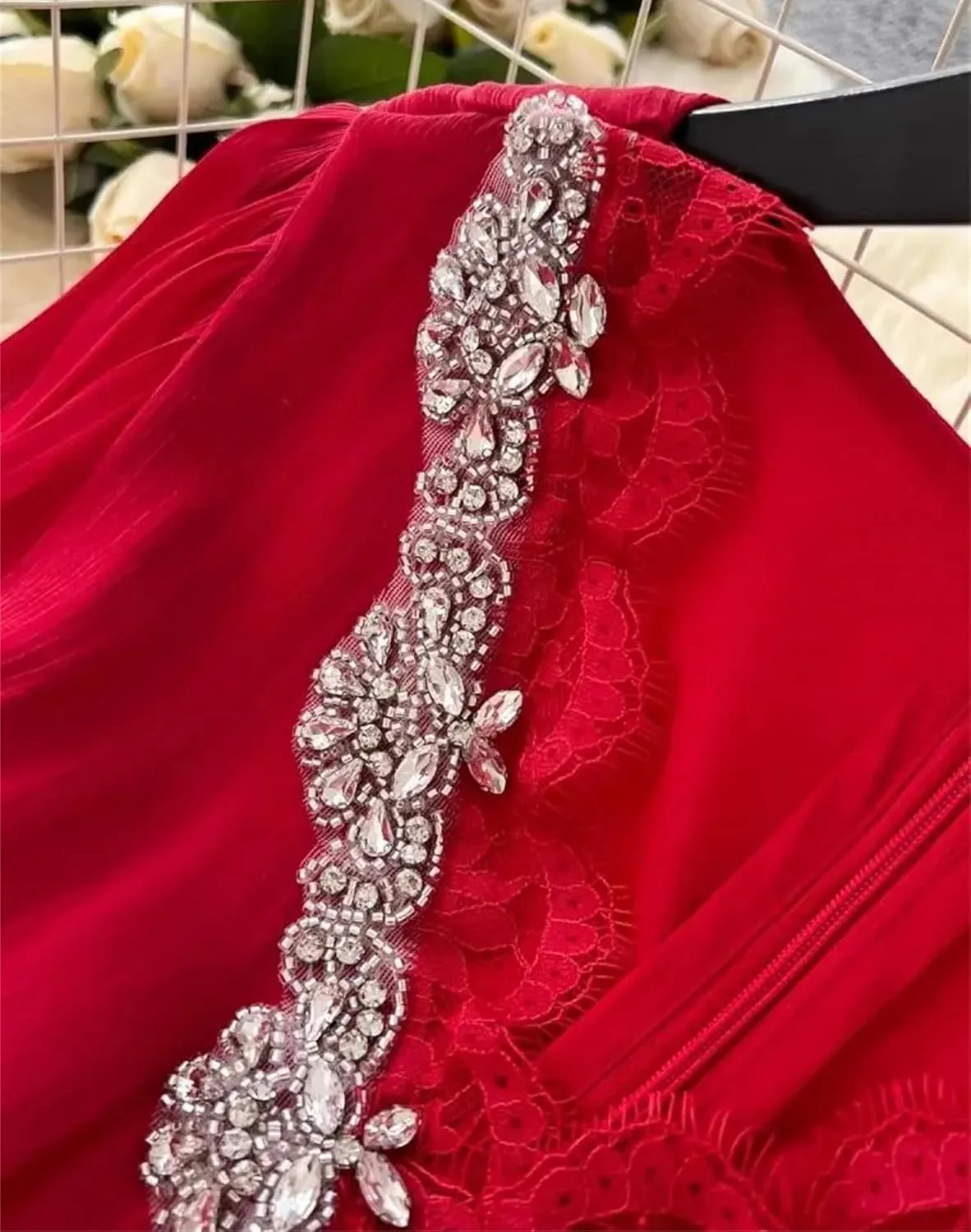 Elegant Beading V Neck Evening Party Dress Women's Long Sleeve High Waist Ruffles Pleated Prom Dress
