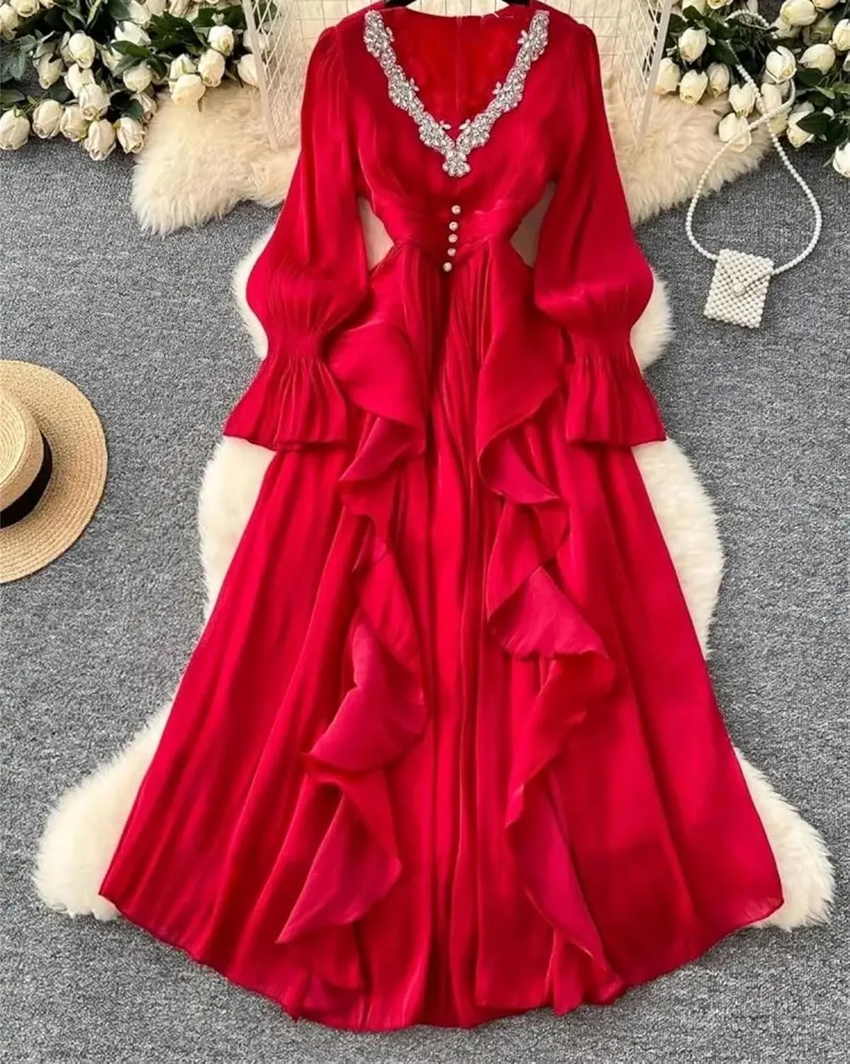 Elegant Beading V Neck Evening Party Dress Women's Long Sleeve High Waist Ruffles Pleated Prom Dress