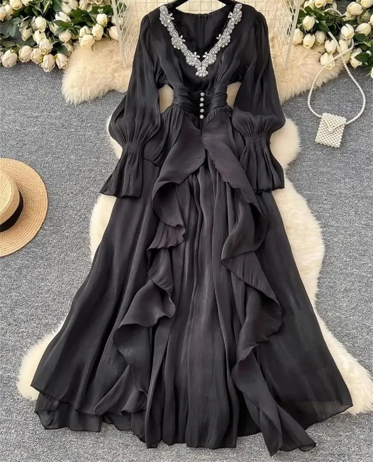 Elegant Beading V Neck Evening Party Dress Women's Long Sleeve High Waist Ruffles Pleated Prom Dress