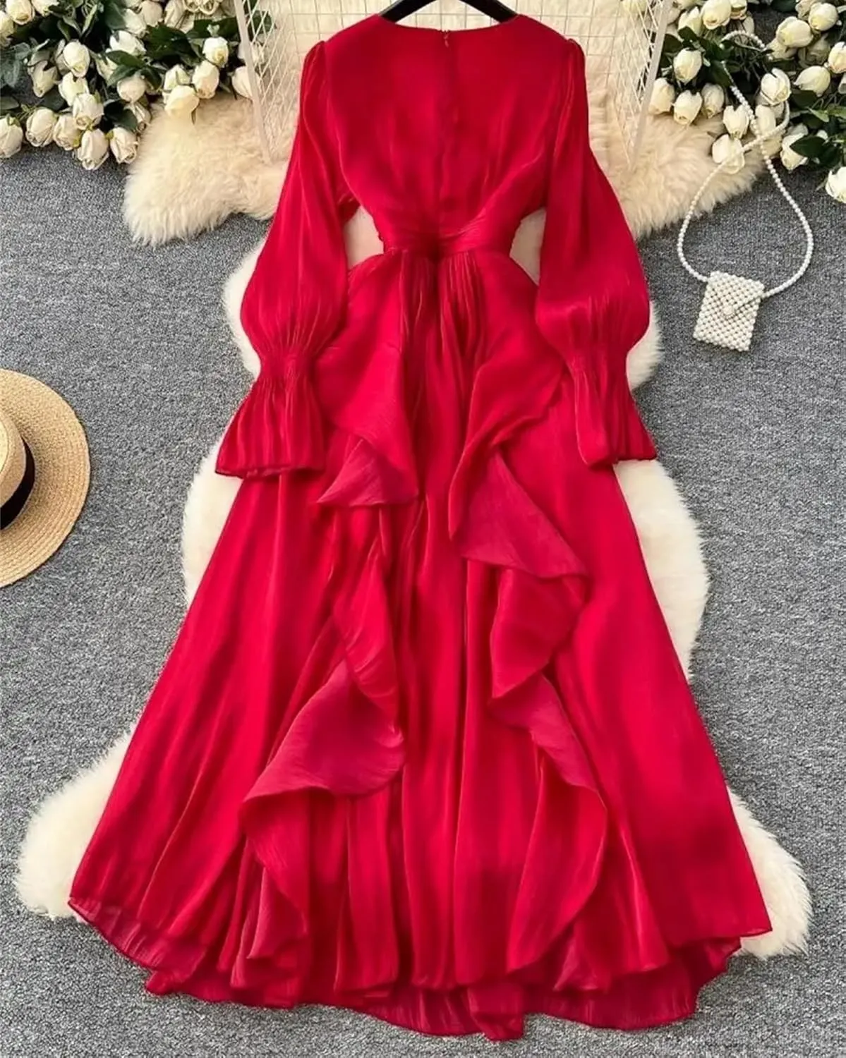 Elegant Beading V Neck Evening Party Dress Women's Long Sleeve High Waist Ruffles Pleated Prom Dress