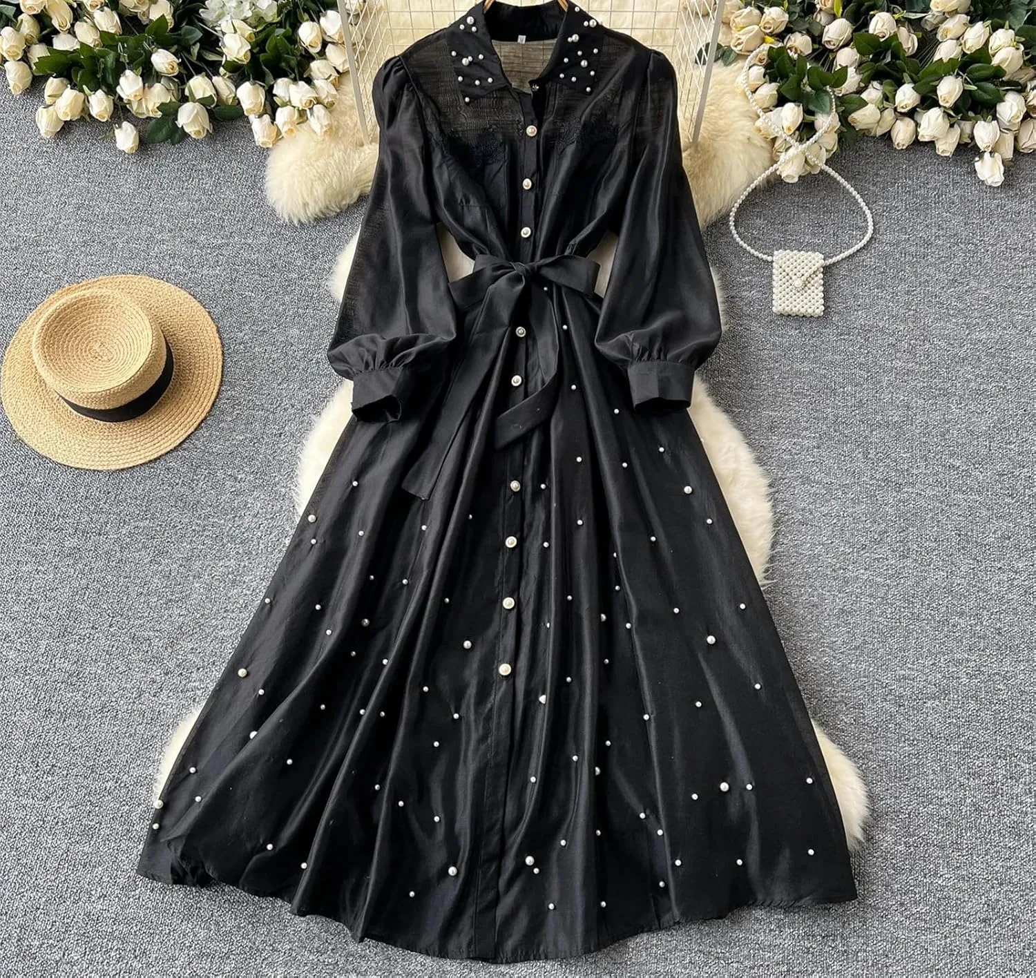 Elegant Embroidered Bead Vintage Single Breasted Lantern Sleeve Bandage Dresses Straps Dress Women