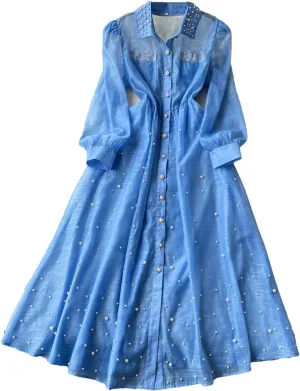 Elegant Embroidered Bead Vintage Single Breasted Lantern Sleeve Bandage Dresses Straps Dress Women