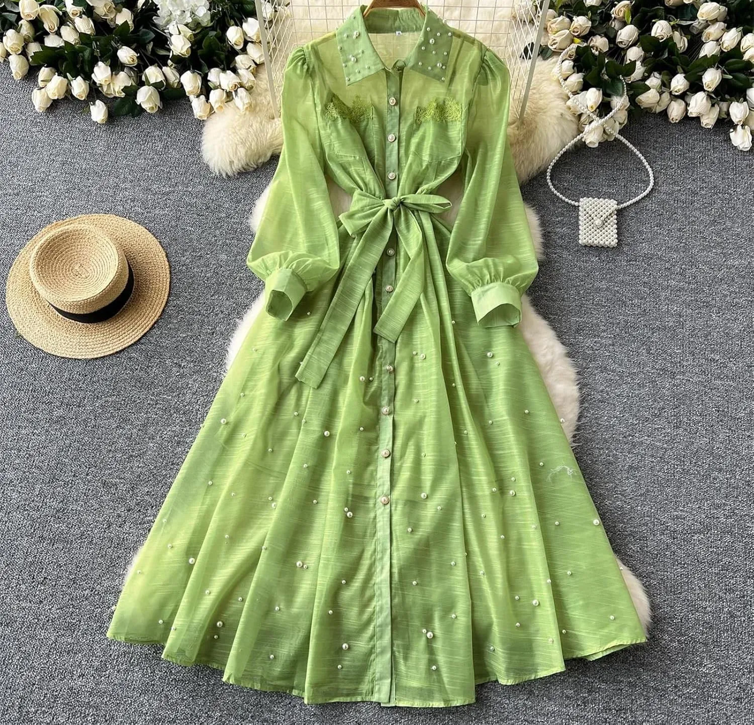 Elegant Embroidered Bead Vintage Single Breasted Lantern Sleeve Bandage Dresses Straps Dress Women