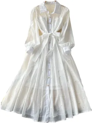 Elegant Embroidered Bead Vintage Single Breasted Lantern Sleeve Bandage Dresses Straps Dress Women