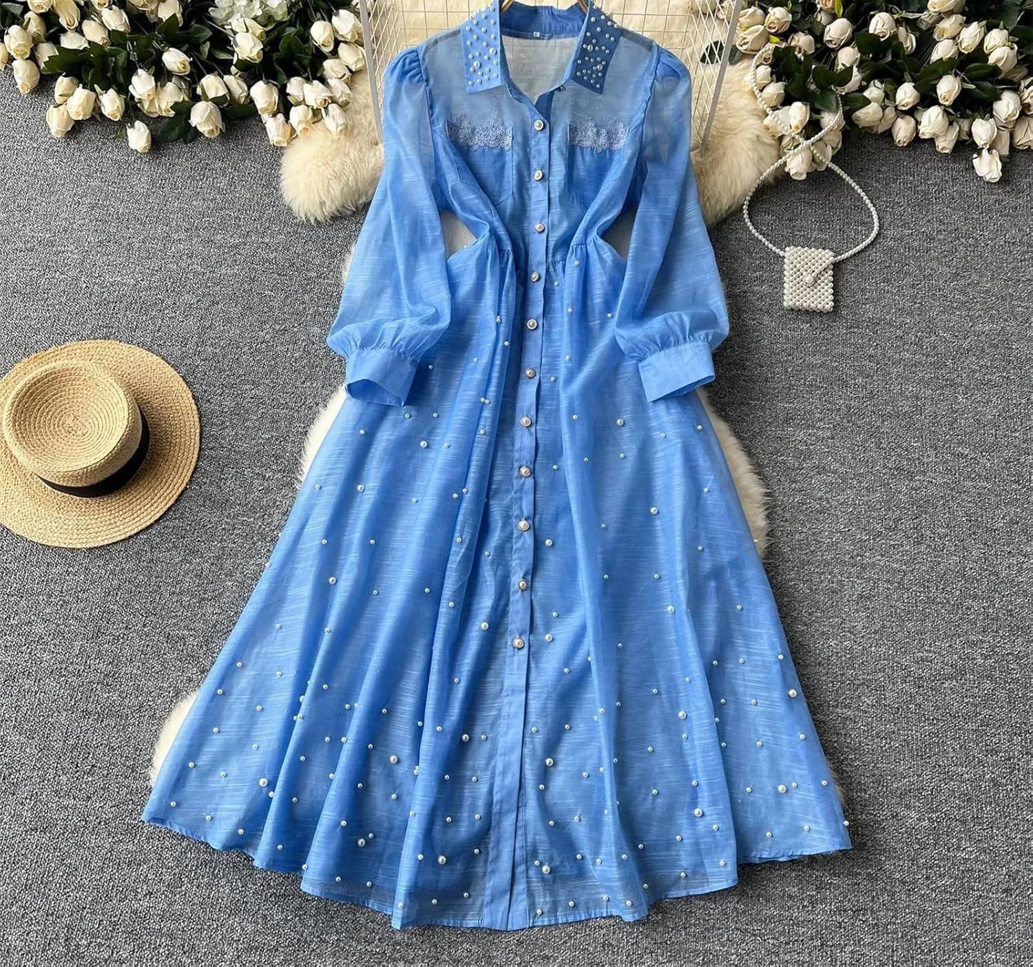 Elegant Embroidered Bead Vintage Single Breasted Lantern Sleeve Bandage Dresses Straps Dress Women